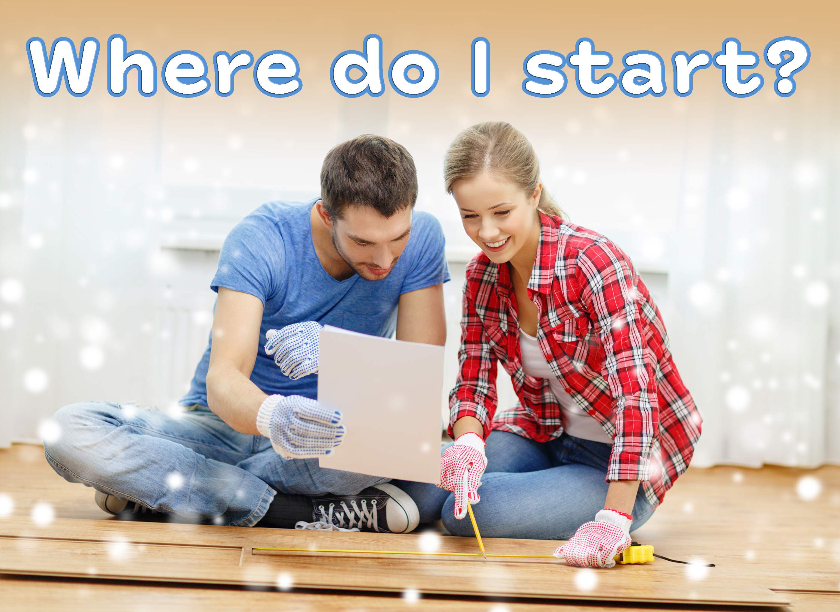 smiling couple measuring wood flooring